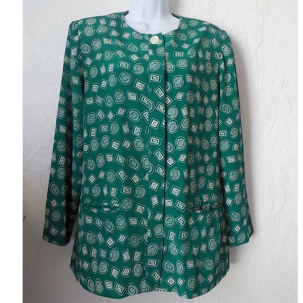 VTG 80s Leslie Fay Women 10 P Green Blouse Top Button Up Tunic Mid Length Pocket